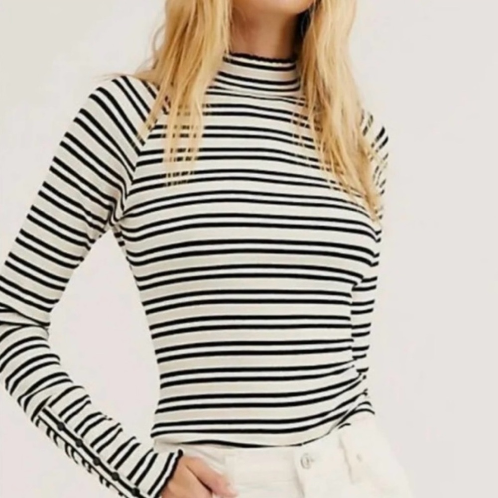 Free People Sunday Afternoon Striped Ivory and Black Mock Neck with Open Back 🖤